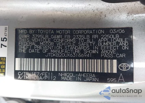 2006 Toyota Prius from USA, damaged, VIN JTDKB20UX63166941